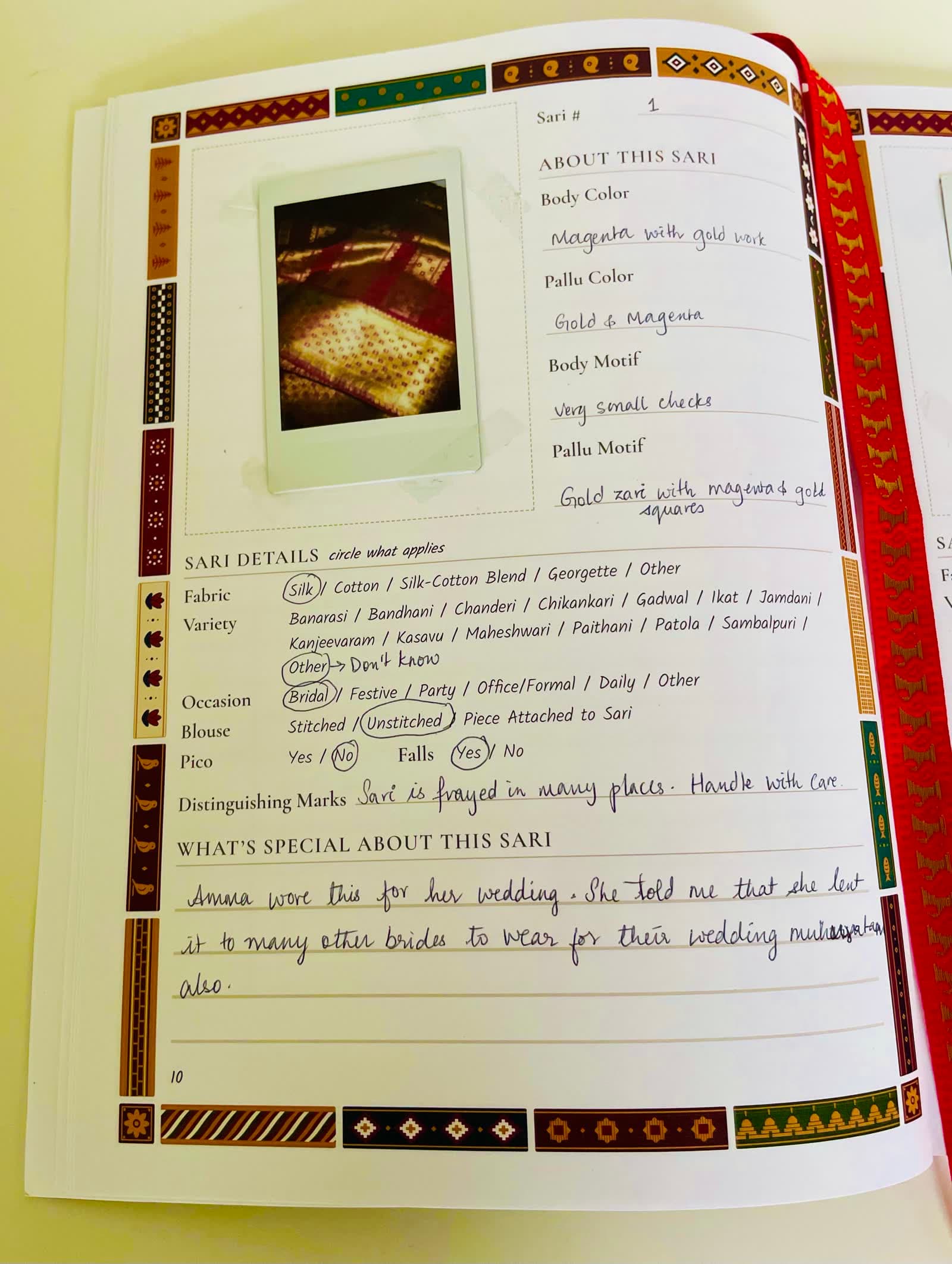 A filled page for a magenta and gold silk sari, marked bridal
