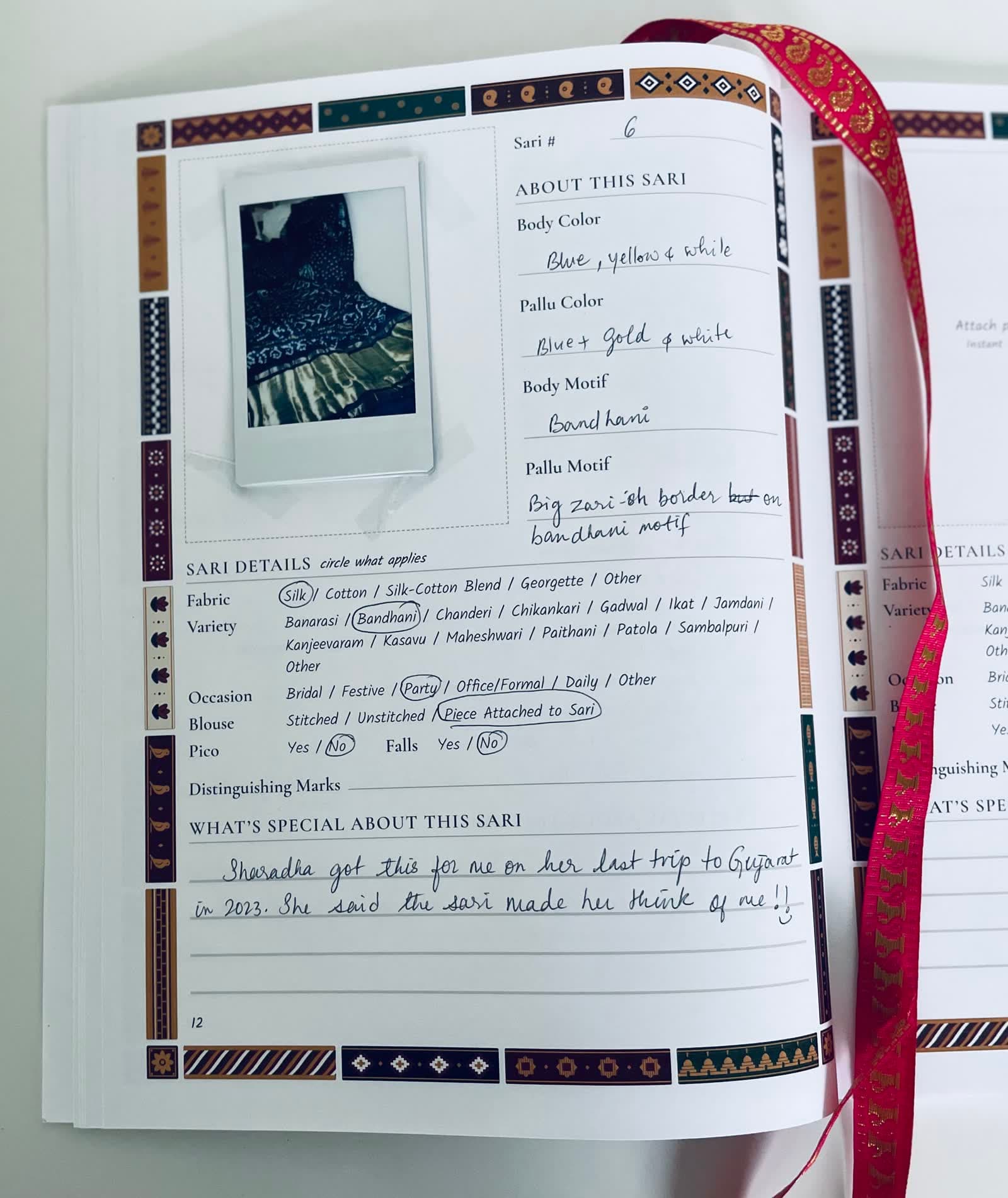 A filled sari page with an instant print of a blue bandhani sari and handwritten details